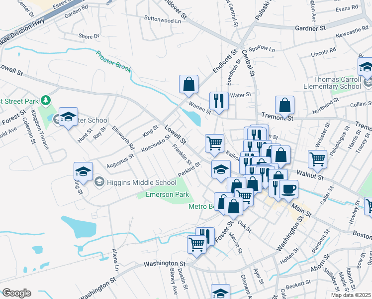 map of restaurants, bars, coffee shops, grocery stores, and more near 108 Lowell Street in Peabody