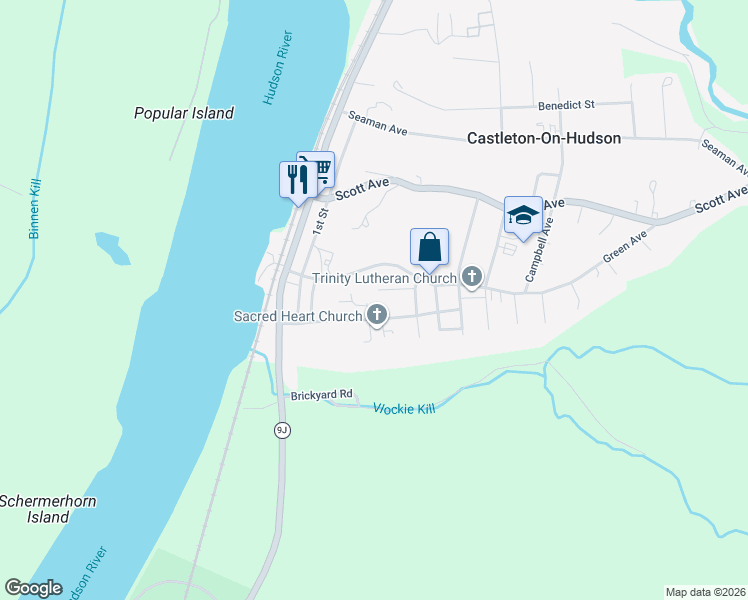 map of restaurants, bars, coffee shops, grocery stores, and more near 6 Park Way in Castleton-on-Hudson