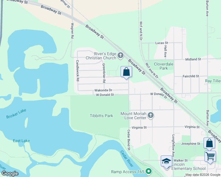 map of restaurants, bars, coffee shops, grocery stores, and more near 1566 Wakonda Drive in Waterloo