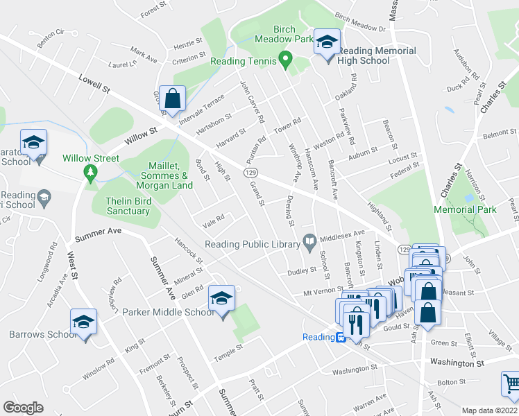 map of restaurants, bars, coffee shops, grocery stores, and more near 68 Grand Street in Reading