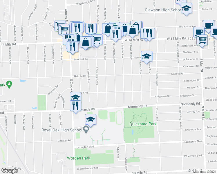 map of restaurants, bars, coffee shops, grocery stores, and more near 631 South Manitou Avenue in Clawson