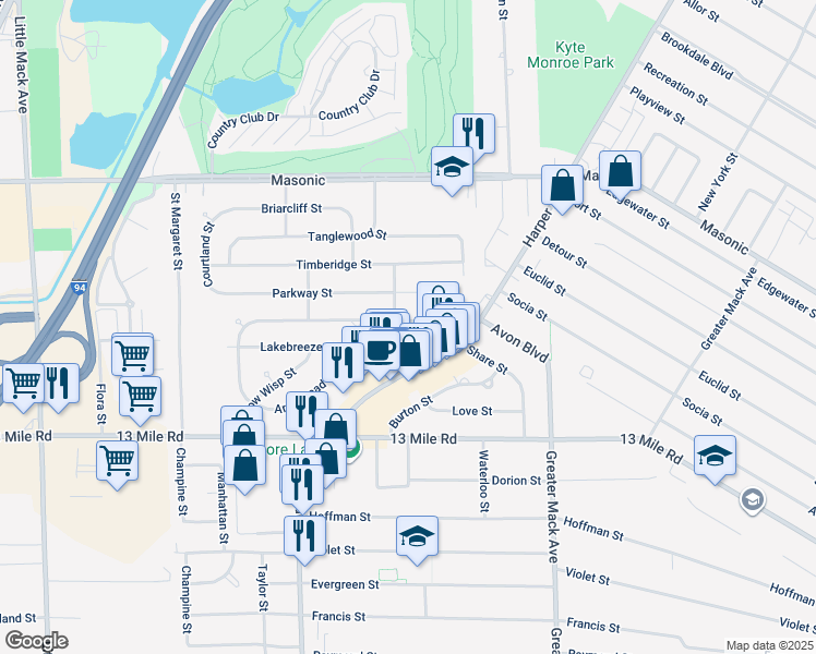 map of restaurants, bars, coffee shops, grocery stores, and more near 21748 Share Street in St. Clair Shores