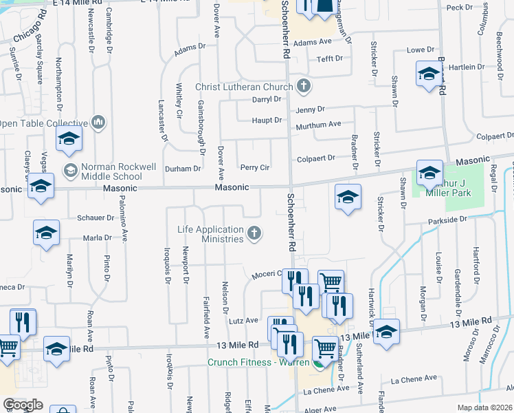 map of restaurants, bars, coffee shops, grocery stores, and more near 31745 Eiffel Avenue in Warren