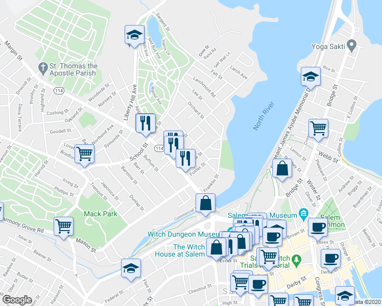 map of restaurants, bars, coffee shops, grocery stores, and more near 4 Upham Street in Salem