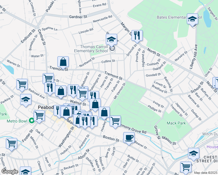 map of restaurants, bars, coffee shops, grocery stores, and more near 47 Tracey Street in Peabody