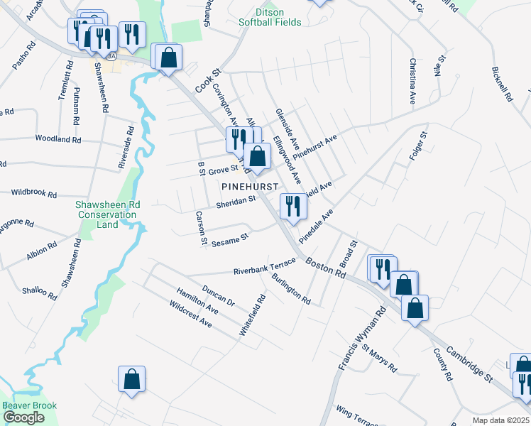 map of restaurants, bars, coffee shops, grocery stores, and more near 801 Boston Road in Billerica