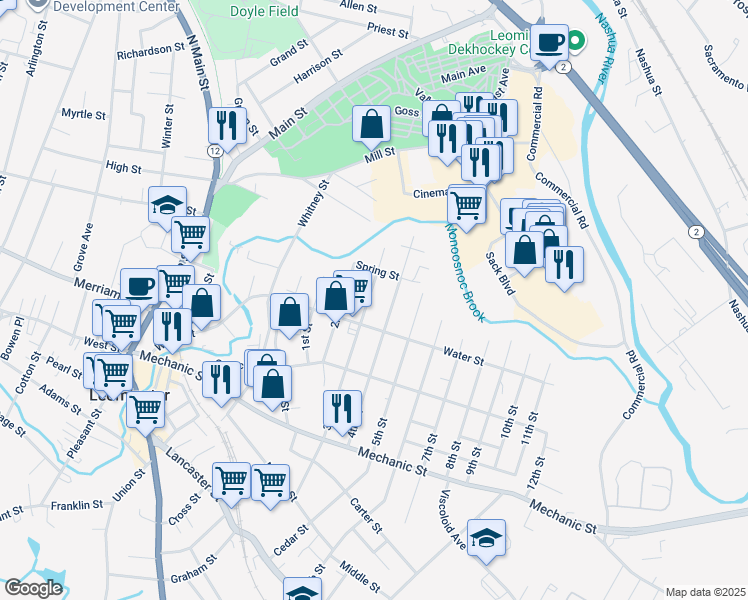 map of restaurants, bars, coffee shops, grocery stores, and more near 48 3rd Street in Leominster