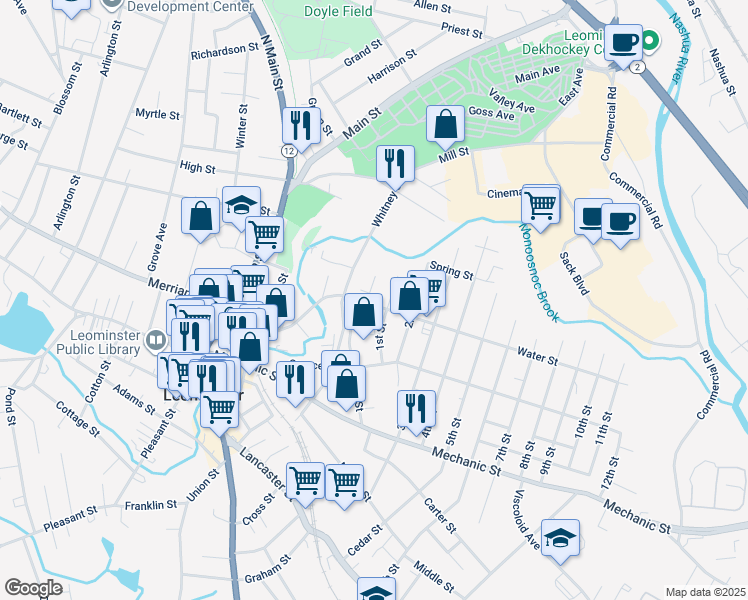 map of restaurants, bars, coffee shops, grocery stores, and more near 156 Water Street in Leominster