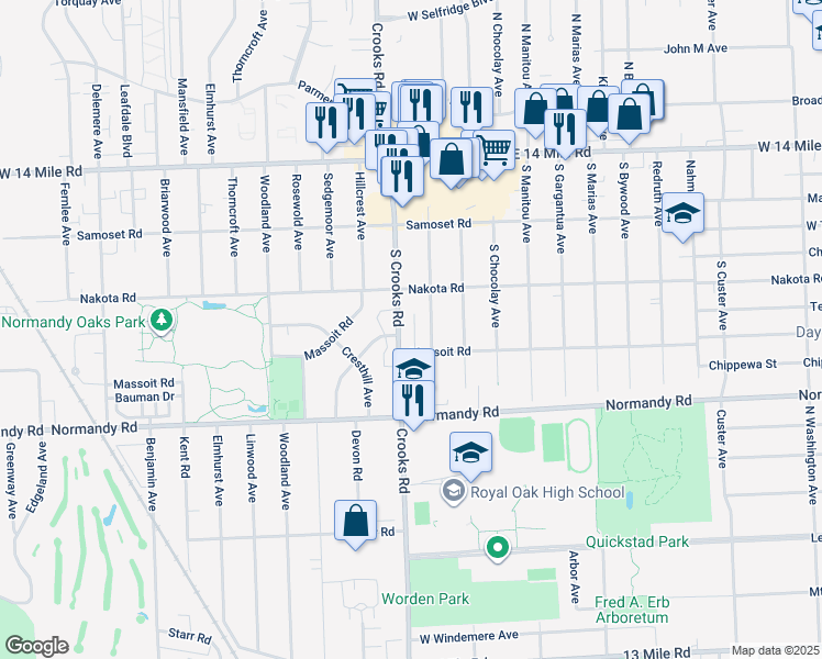 map of restaurants, bars, coffee shops, grocery stores, and more near 647 South Crooks Road in Clawson