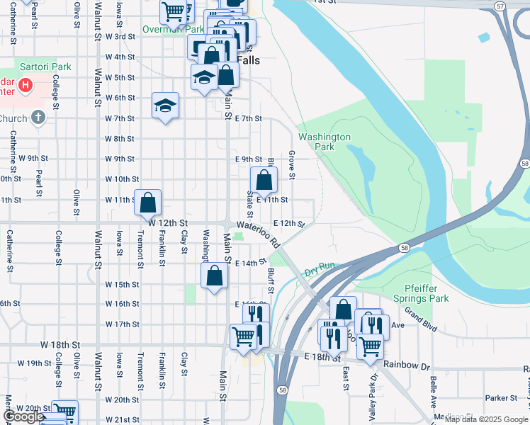 map of restaurants, bars, coffee shops, grocery stores, and more near 1123 Bluff Street in Cedar Falls