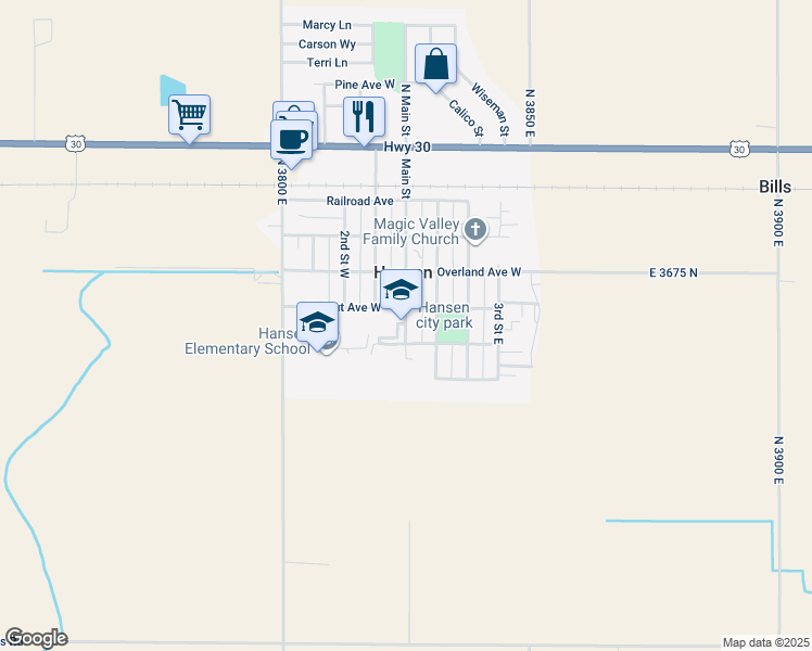 map of restaurants, bars, coffee shops, grocery stores, and more near 550 Main Street South in Hansen