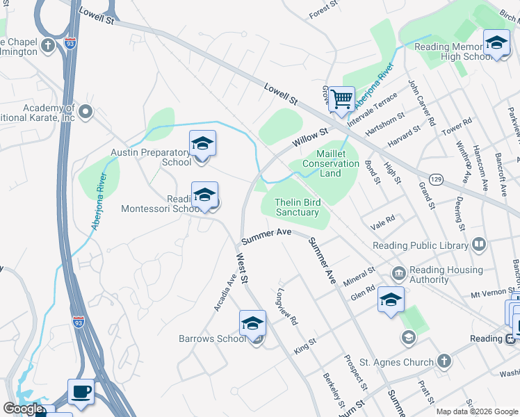 map of restaurants, bars, coffee shops, grocery stores, and more near 124 Willow Street in Reading