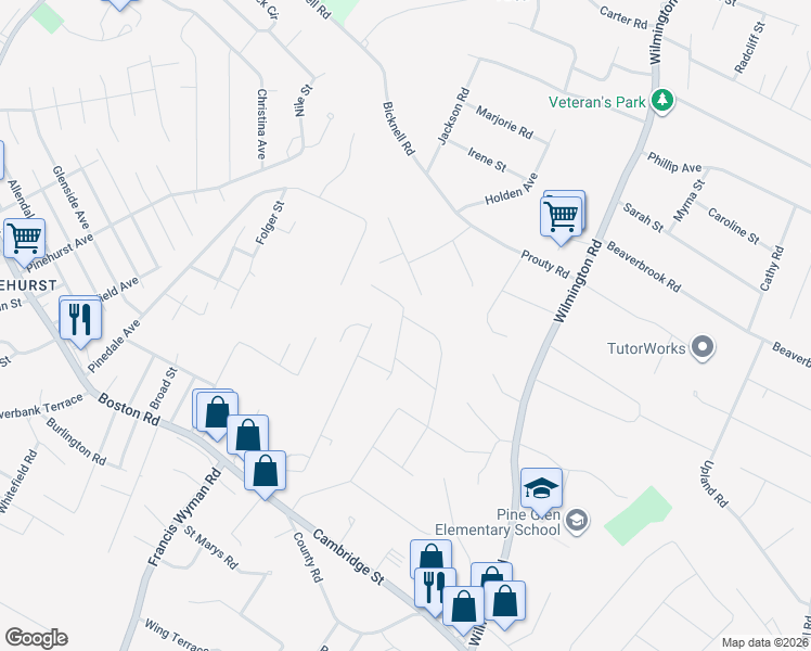 map of restaurants, bars, coffee shops, grocery stores, and more near 26 Ellen Road in Burlington