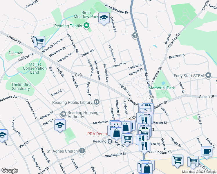map of restaurants, bars, coffee shops, grocery stores, and more near 101 Lowell Street in Reading