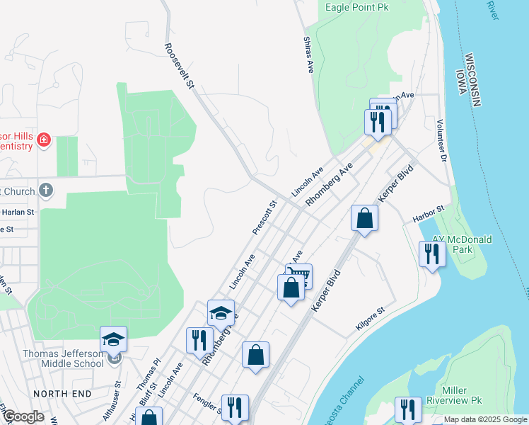 map of restaurants, bars, coffee shops, grocery stores, and more near 1945 Prescott Street in Dubuque