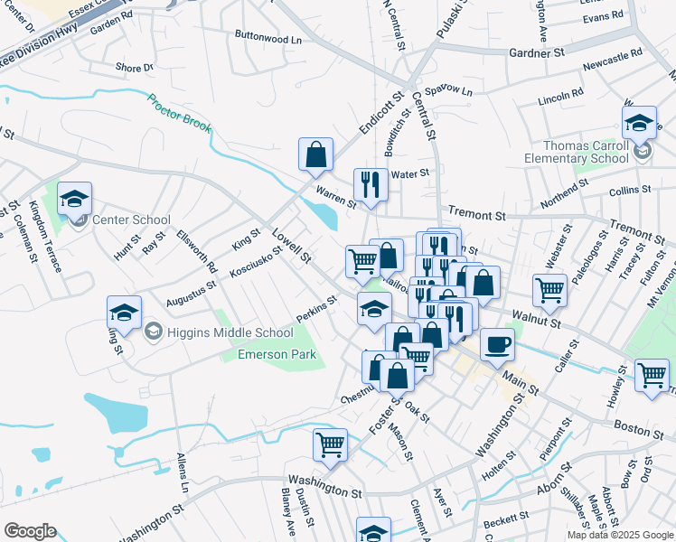 map of restaurants, bars, coffee shops, grocery stores, and more near 6 Crowninshield Street in Peabody
