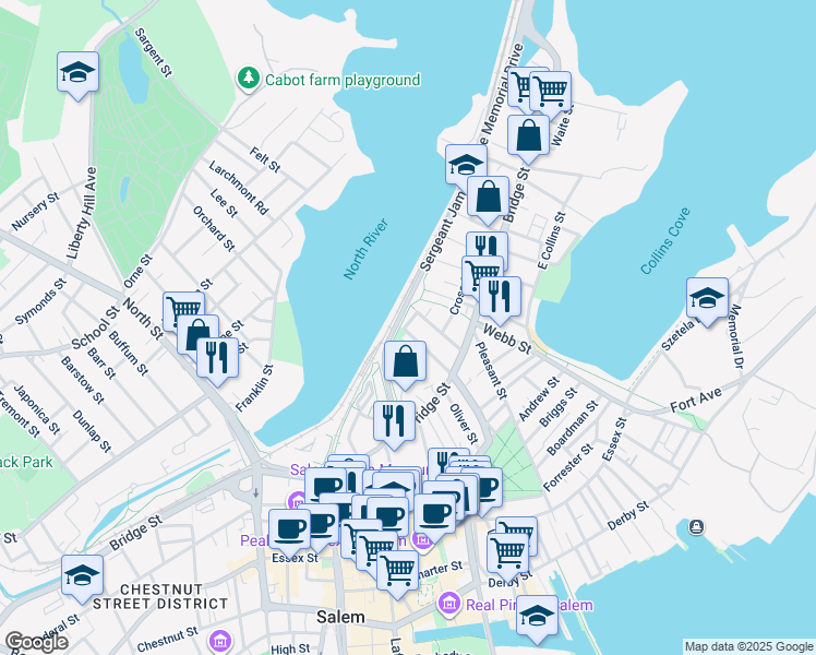 map of restaurants, bars, coffee shops, grocery stores, and more near 48 Northey Street in Salem