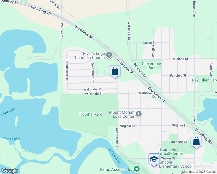 map of restaurants, bars, coffee shops, grocery stores, and more near 1530 Wakonda Dr in Waterloo
