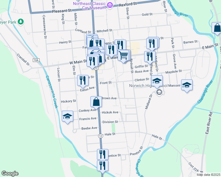 map of restaurants, bars, coffee shops, grocery stores, and more near 13 Brown Street in Norwich