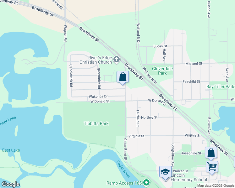 map of restaurants, bars, coffee shops, grocery stores, and more near 1530 Wakonda Dr in Waterloo