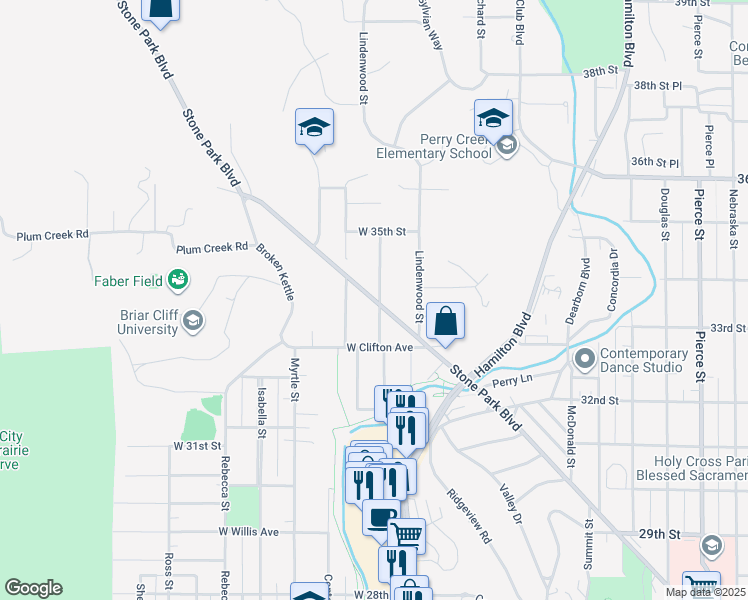 map of restaurants, bars, coffee shops, grocery stores, and more near 3312 Stone Park Boulevard in Sioux City