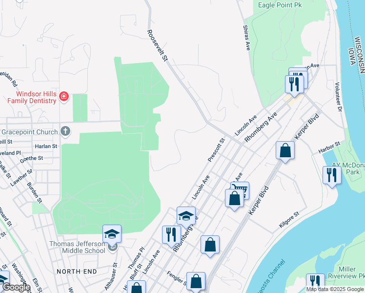 map of restaurants, bars, coffee shops, grocery stores, and more near 1700-1998 Justin Lane in Dubuque