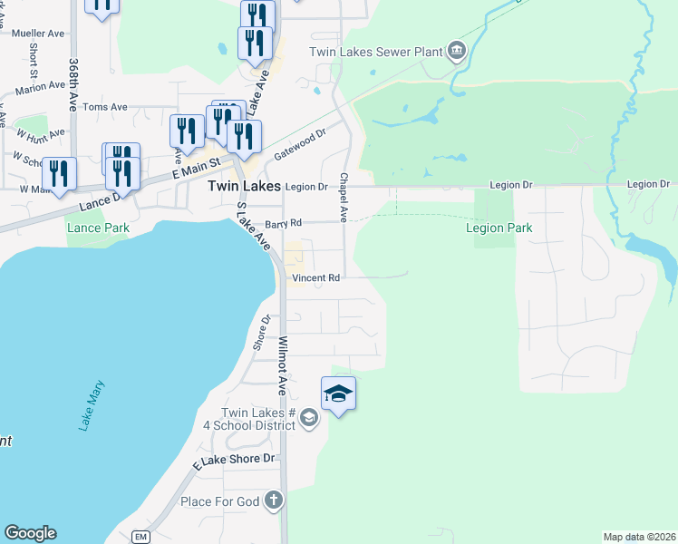 map of restaurants, bars, coffee shops, grocery stores, and more near 523 Chapel Avenue in Twin Lakes