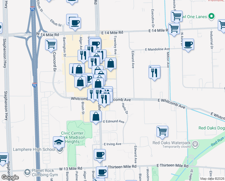 map of restaurants, bars, coffee shops, grocery stores, and more near 32031 Townley Street in Madison Heights