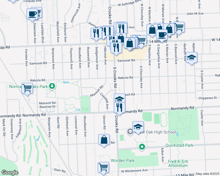 map of restaurants, bars, coffee shops, grocery stores, and more near 4333 Manor Avenue in Royal Oak