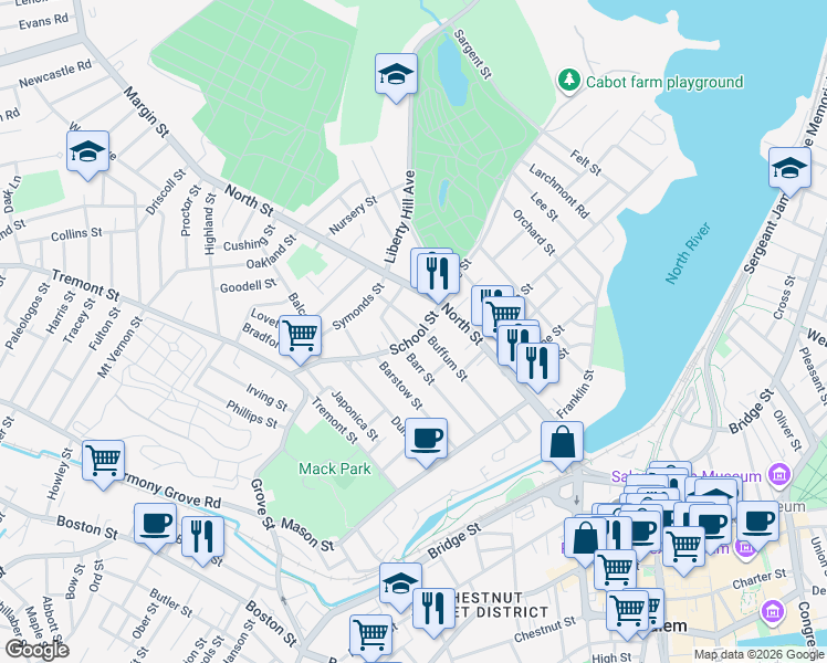 map of restaurants, bars, coffee shops, grocery stores, and more near 21 School Street in Salem