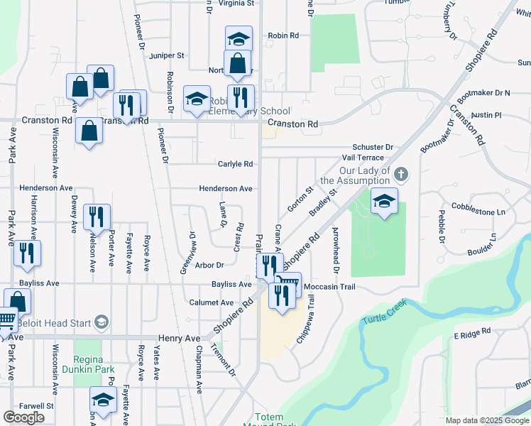 map of restaurants, bars, coffee shops, grocery stores, and more near 2009 Prairie Avenue in Beloit