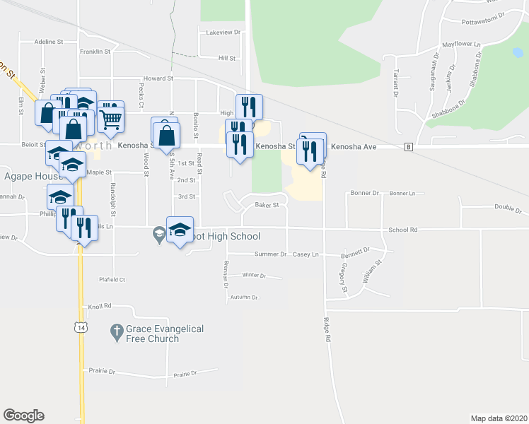 map of restaurants, bars, coffee shops, grocery stores, and more near 649 Baker Street in Walworth