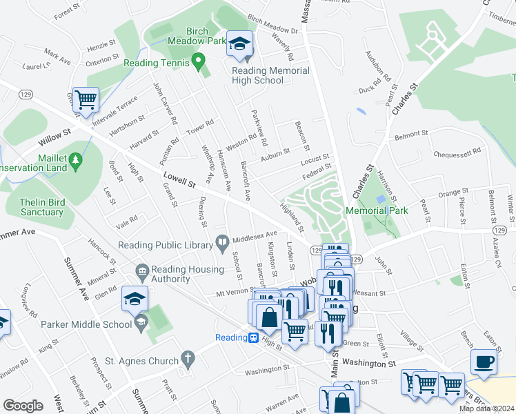 map of restaurants, bars, coffee shops, grocery stores, and more near 101 Lowell Street in Reading