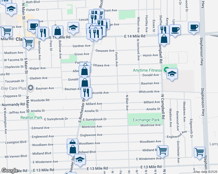 map of restaurants, bars, coffee shops, grocery stores, and more near 915 Whitcomb Avenue in Royal Oak