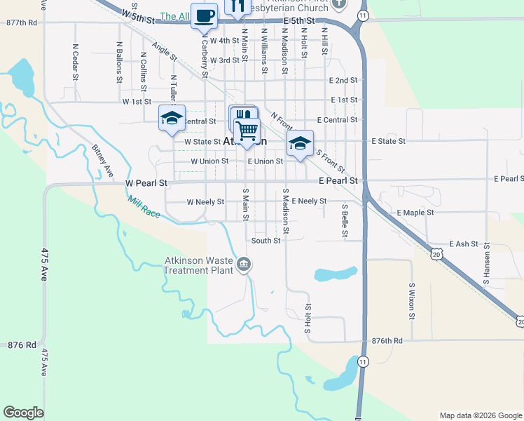 map of restaurants, bars, coffee shops, grocery stores, and more near 100-198 East Lincoln Street in Atkinson