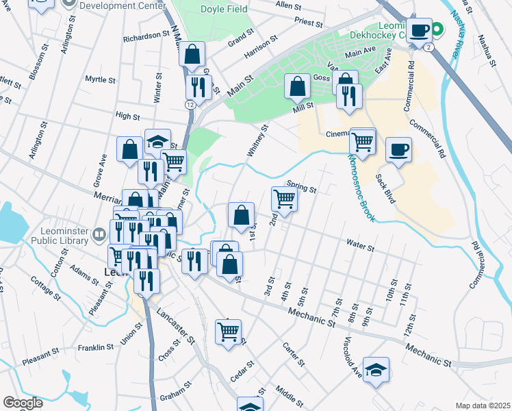 map of restaurants, bars, coffee shops, grocery stores, and more near 31 1st Street in Leominster