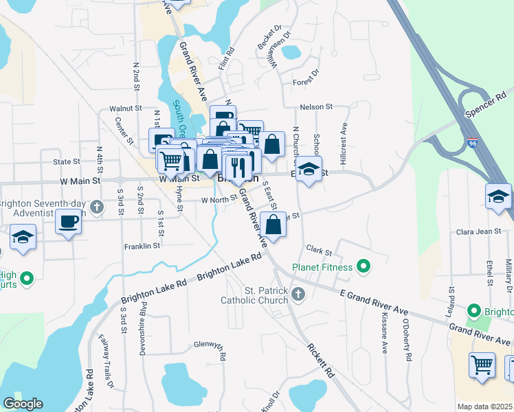map of restaurants, bars, coffee shops, grocery stores, and more near 225 East Grand River Avenue in Brighton