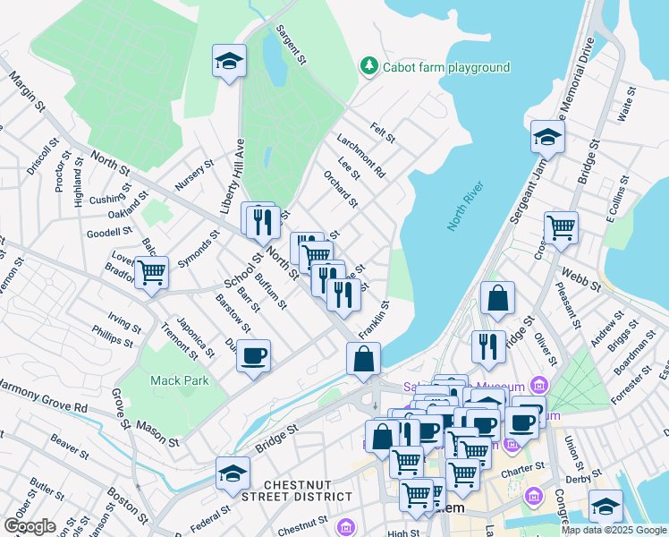 map of restaurants, bars, coffee shops, grocery stores, and more near 4 Upham Street in Salem