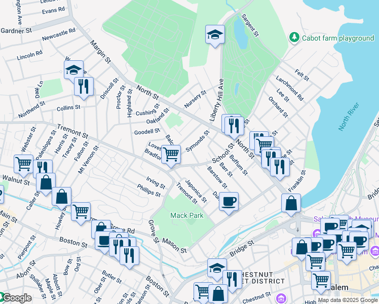 map of restaurants, bars, coffee shops, grocery stores, and more near 9 Chandler Street in Salem