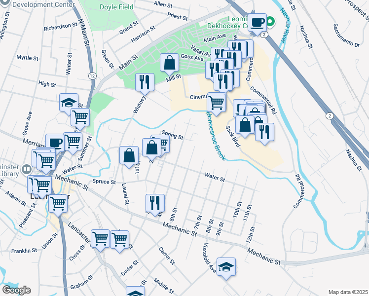 map of restaurants, bars, coffee shops, grocery stores, and more near 54 4th Street in Leominster