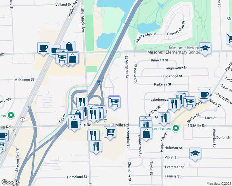 map of restaurants, bars, coffee shops, grocery stores, and more near 20951 Flora Street in Roseville