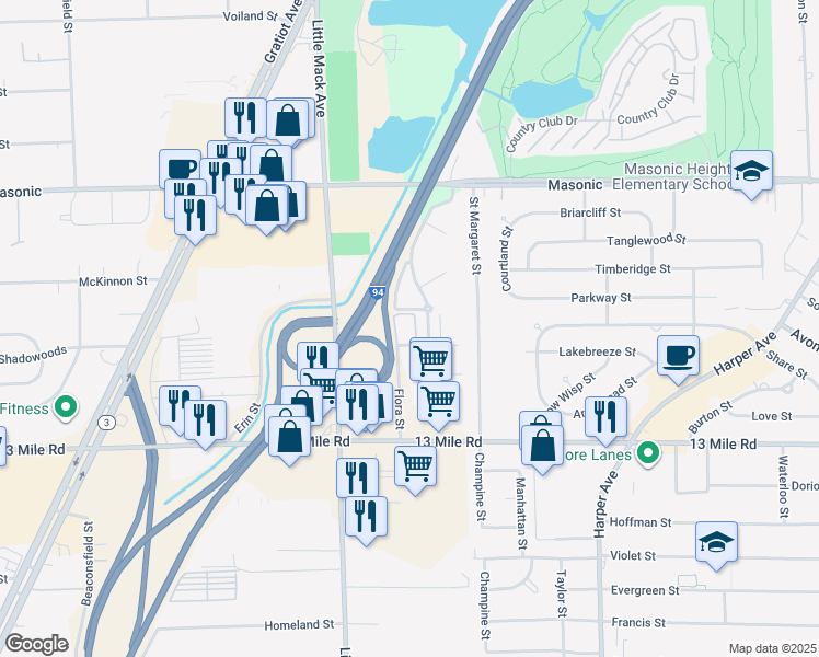 map of restaurants, bars, coffee shops, grocery stores, and more near 20855 Flora Street in St. Clair Shores