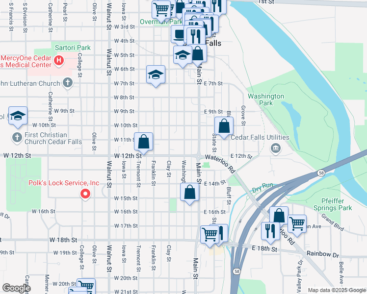 map of restaurants, bars, coffee shops, grocery stores, and more near 1120 Washington Street in Cedar Falls