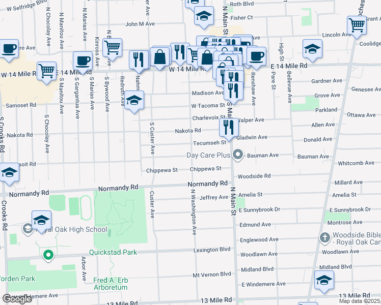 map of restaurants, bars, coffee shops, grocery stores, and more near 206 Massoit Street in Clawson