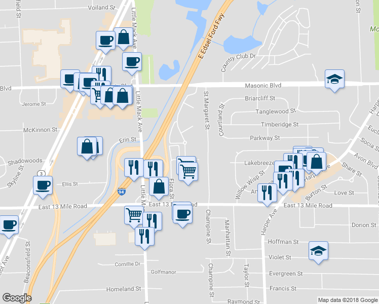map of restaurants, bars, coffee shops, grocery stores, and more near 20951 Flora Street in Roseville