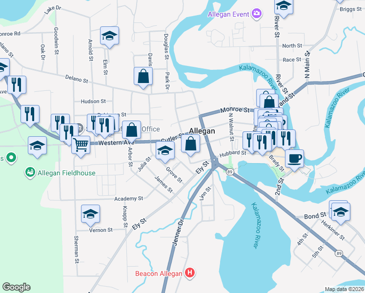 map of restaurants, bars, coffee shops, grocery stores, and more near 602 Trowbridge Street in Allegan