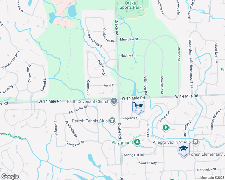 map of restaurants, bars, coffee shops, grocery stores, and more near 7453 Anne Court in West Bloomfield Township