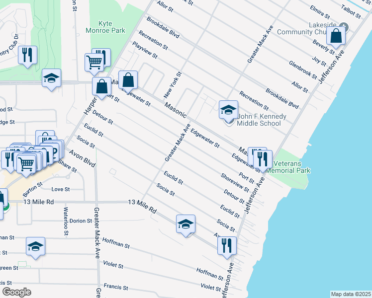 map of restaurants, bars, coffee shops, grocery stores, and more near 23025 Shoreview Street in St. Clair Shores