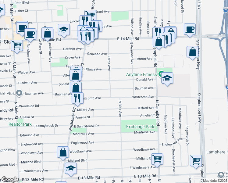 map of restaurants, bars, coffee shops, grocery stores, and more near 1125 Whitcomb Avenue in Royal Oak