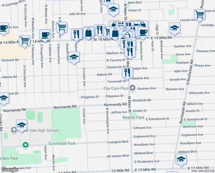 map of restaurants, bars, coffee shops, grocery stores, and more near 206 Massoit Street in Clawson